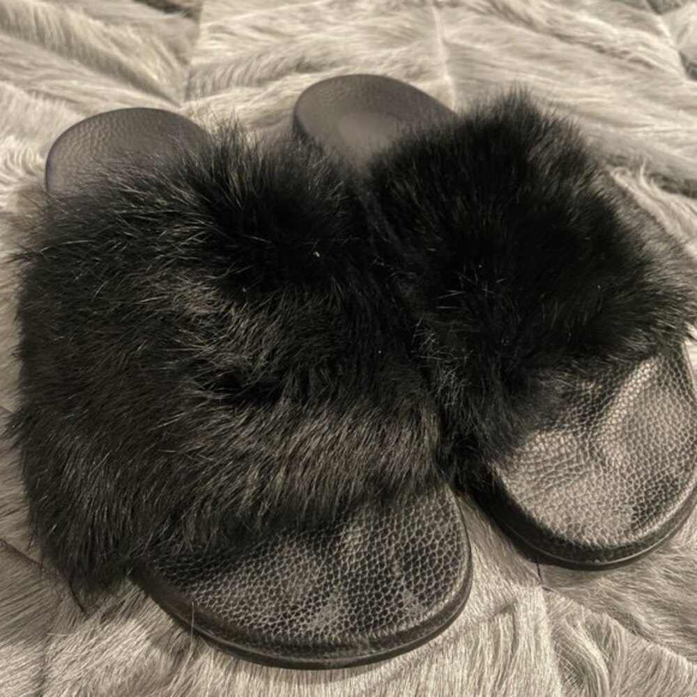 Maiden Lane Open Toe Fur Slip-On Slippers Black Size 11 - Picture 3 of 8